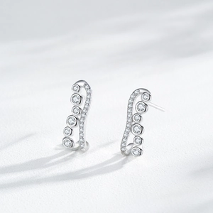 S925 silver wave stud earrings featuring sparkling round stones and bubble design