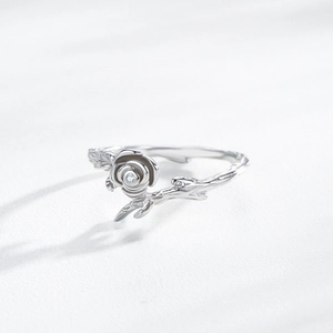S925 sterling silver rose flower ring with cubic zirconia on a twig-style band
