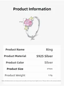Detail view of S925 silver ring with pink oval stone and technical specifications