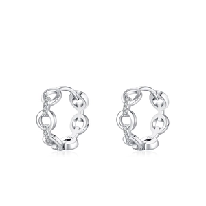 S925 sterling silver chain link hoop earrings with sparkling diamonds on white background