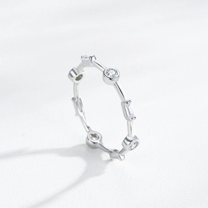 Minimalist S925 sterling silver geometric ring with round and baguette cut cubic zirconia