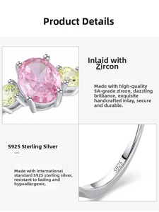 Detail of S925 sterling silver ring featuring a pink oval zircon with side stone accents