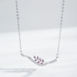 Elegant S925 silver wheat leaf necklace with pink gemstones and micro-pave crystals