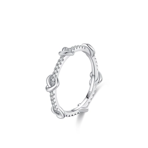 S925 sterling silver heart-knot ring with white cubic zirconia on a white background
