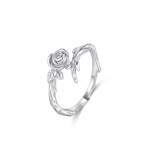 S925 sterling silver rose ring with sparkling zircon stone and thorn vine texture band