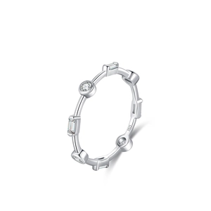 S925 sterling silver geometric ring with alternating round and baguette stones