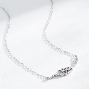 S925 sterling silver wheat leaf pendant necklace with red gems and pavé zircons