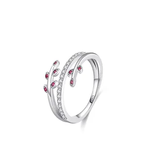 925 Sterling Silver Zirconia Leaf Open Ring Adjustable Branch Pink Stone Fashion Light Luxury Ring For Women Jewelry