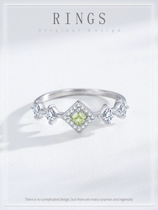 Macro view of S925 silver ring featuring square green zircon and crown diamond details
