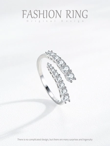 Macro shot of S925 sterling silver adjustable ring with double-row sparkling zircons