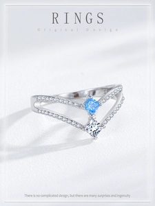 Macro shot of S925 silver double V-ring with sky blue and clear square zircon stones