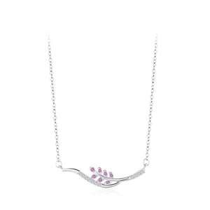 S925 silver wheat ear necklace with pink zircon leaf pendant on white background