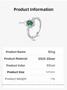 Macro view of S925 silver ring with 5.8x4.5mm oval emerald gemstone and product specs