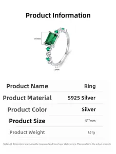 Detailed S925 sterling silver ring specifications with 5x7mm emerald cut green stone
