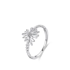 925 Sterling Silver Sunflower Ring Vintage Rhinestone Daisy Finger Ring For Women Elegant Twist Design Flower Jewelry Gift
