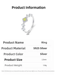 Detail specifications of S925 silver ring featuring crown square green zircon and 1.5mm band