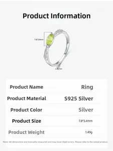 Detail view of S925 silver leaf ring with marquise cut green zircon and size dimensions