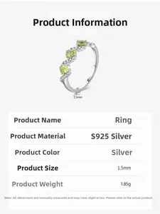Detail view of S925 silver ring with green stones showing 1.5mm width and 1.85g weight