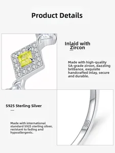 Detailed view of S925 silver ring featuring square yellow zircon and crown setting