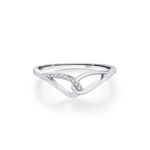 Elegant 925 sterling silver angel wing ring with sparkling diamonds in a Mobius design