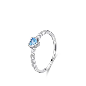 S925 Sterling Silver Heart Shaped Blue Zirconia Ring For Women Romantic Twisted Braid Shank Ring Valentine Jewelry Gift