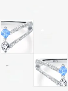 Close-up of S925 sterling silver ring with 5A blue zircon and V-shaped double layer
