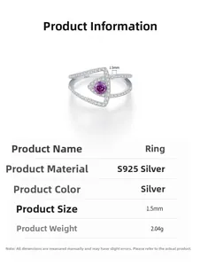 Détail de la bague en argent S925 avec pierre violette et poids de 2,04g spécifié