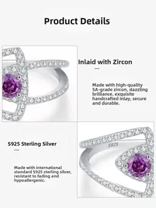 Vue macro d'une bague en argent sterling S925 avec zircon violet et poinçon S925