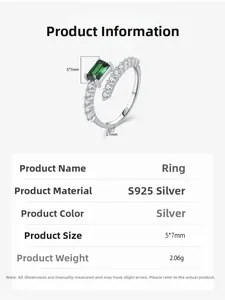 Detailed specs of S925 silver ring featuring 5x7mm emerald cut green stone and measurements