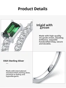 Macro shot of S925 sterling silver stamp and emerald-cut green zircon inlay detail