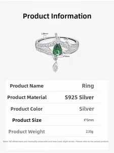 Macro detail of S925 silver vintage crown ring with pear-shaped green gemstone