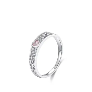 Vintage 925 Sterling Silver Pink Heart Zirconia Ring Delicate Hollow Pattern Exquisite Finger Ring For Women Wedding Party Jewelry