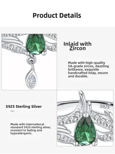 Macro detail of S925 sterling silver ring featuring a pear-cut green zircon stone
