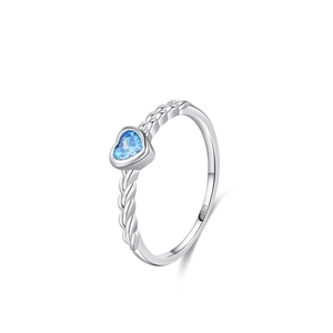 S925 sterling silver heart ring with sky blue gemstone and braided texture band