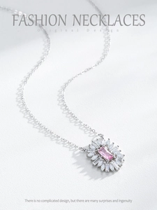 Detail of S925 silver necklace with pink rectangular zircon sunflower pendant and stones