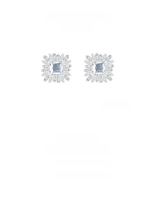 Macro view of S925 silver stud earrings with blue square gem and sunburst design
