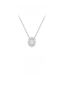 Detail of S925 silver necklace with pink rectangular gem and white cubic zirconia sunflower