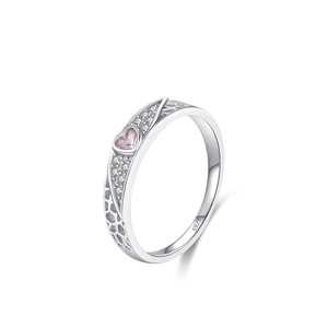 S925 sterling silver ring with heart-shaped pink zircon and honeycomb hollow pattern