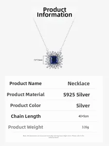 Détails du collier en argent 925 avec pendentif saphir bleu 7,5x7,5mm et pierres halo