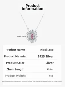 Detailed view of S925 silver sunflower pendant with pink zircon and 40+5cm chain size