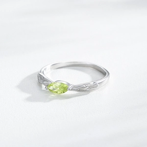 S925 silver leaf ring with marquise-cut apple green gem and delicate wing relief