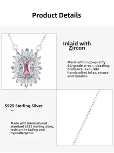 Detailed close-up of S925 silver necklace with pink square zircon and 5A hand-set stones