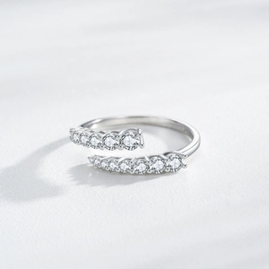 S925 sterling silver open ring with double row of clear cubic zirconia crystals