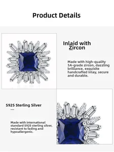 Macro detail of S925 sterling silver stud earring with blue square zircon and petals