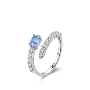 S925 Sterling Silver Sea Blue Zirconia Open Ring Elegant Oval Gemstone Adjustable Ring Lightweight Luxury Fine Jewelry For Women