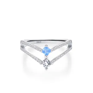 925 Sterling Silver Double Layer V Shape Ring For Women Sea Blue Zirconia Inlaid Elegant Glacier Water Drop Finger Ring