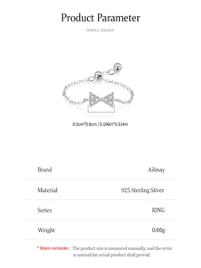 Detailed view of 925 sterling silver bow knot chain ring with dimensions and material specs
