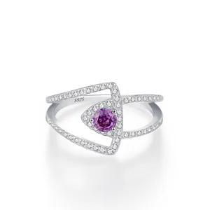 Bague Œil Violet en Argent Sterling S925 pour Femmes Géométrique Zirconia Double Couche Personnalité Incrusté Bague Mode