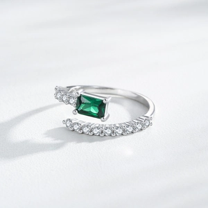 Elegant S925 sterling silver adjustable ring with emerald square gemstone and pavé diamonds