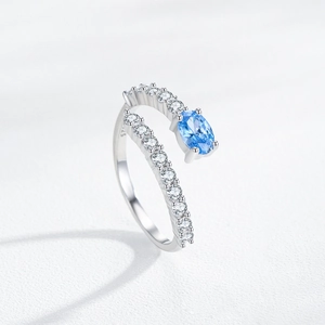Adjustable S925 sterling silver mermaid tear ring with blue oval gemstone and white zircons